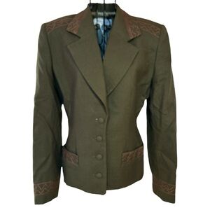 Vintage Stephanie K. Anais Embroidered Lined Wool Blazer Jacket Green Size 38